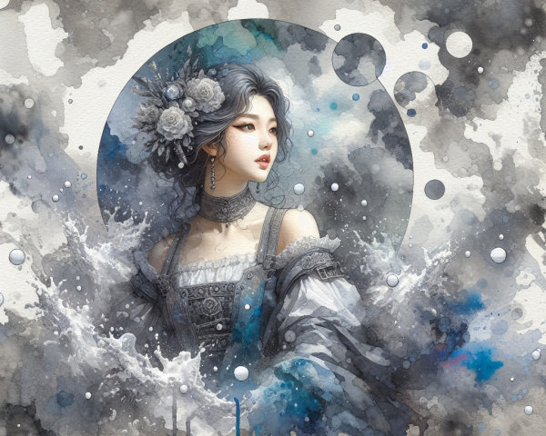 Serene Young Woman in Historical Gown with Dreamlike Setting