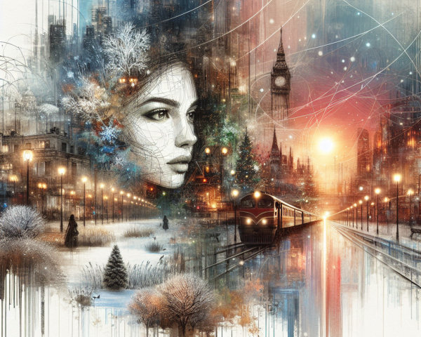 Watercolor and Oil Painting of Woman and Winter Cityscape