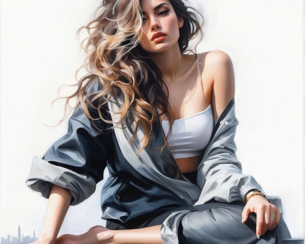 Young woman in gray jacket with city skyline backdrop
