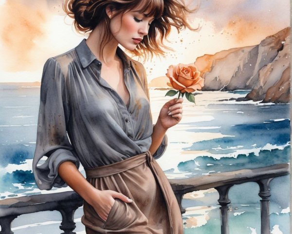 Young Woman by Seaside Balcony with Rose at Sunset