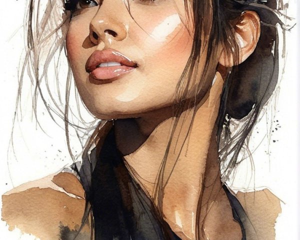 Watercolor Portrait of a Young Woman with Tousled Hair