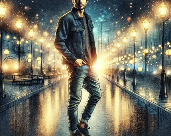 Stylish Young Man on a Glimmering Night Street