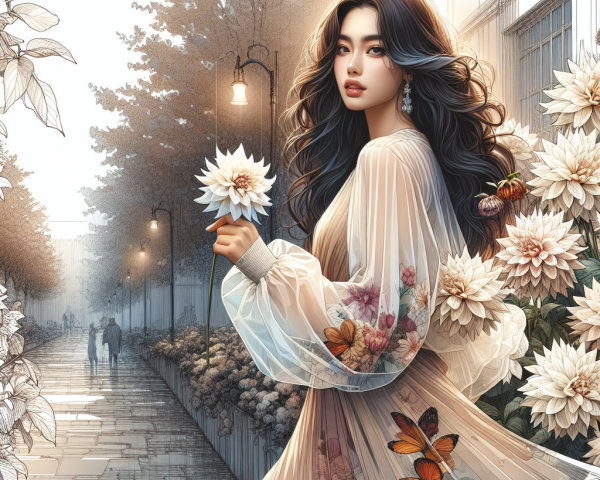 Young Woman in Floral Dress on Scenic Street