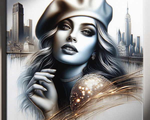 Portrait of a Woman in a Beret with City Skyline