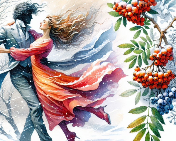 Couple Dancing in Whimsical Winter Landscape