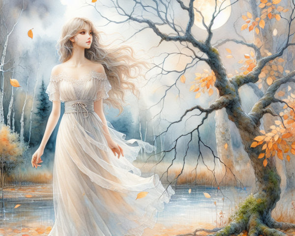 Young Woman in White Dress by Tranquil Water Body