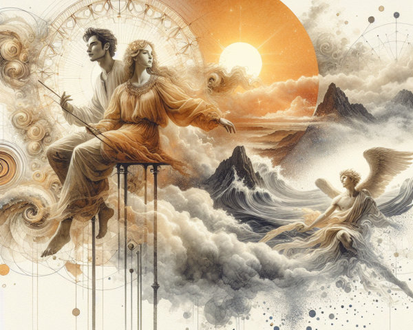 Ethereal Scene with Figures Amidst Celestial Elements