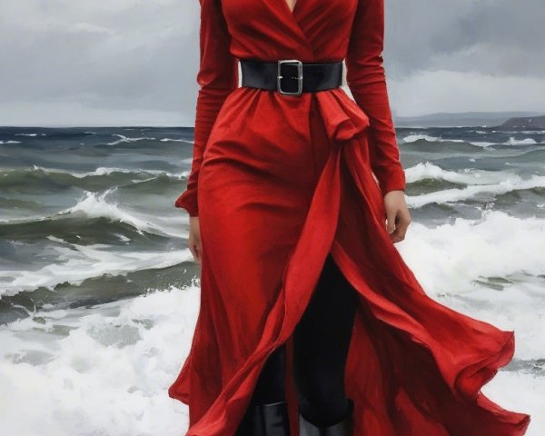 Woman in Red Dress Strolling on Beach at Dusk