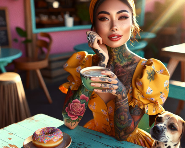 Stylish Woman with Tattoos at Colorful Café Table