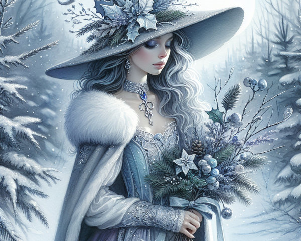 Elegant Winter Witch in Snowy Forest Setting