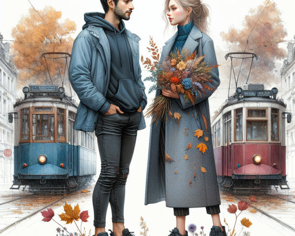 Young couple on autumn street with vintage trams