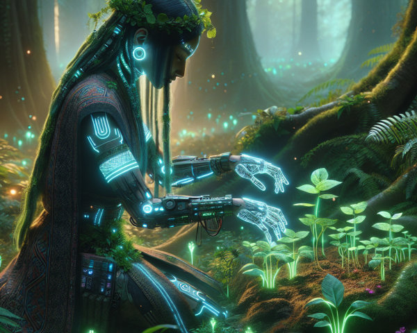Humanoid Robot in Mystical Forest with Glowing Flora