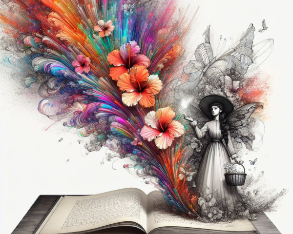 Open Book Surrounded by Colorful Flowers and Fairy