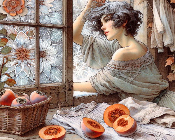 Young Woman with Gray Hair and Floral Window Frame