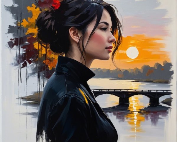 Portrait of a Young Woman at Sunset with Bridge