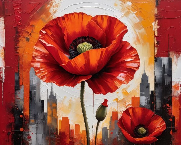 Vibrant Red Poppies in Abstract Cityscape Artwork