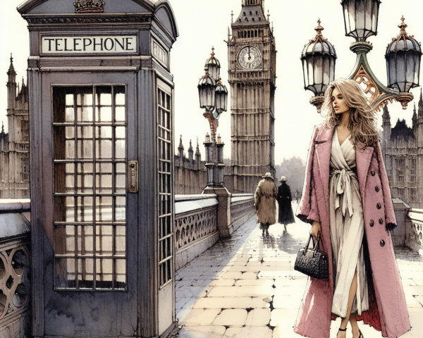 Fashionable woman in pink coat near Big Ben and booth