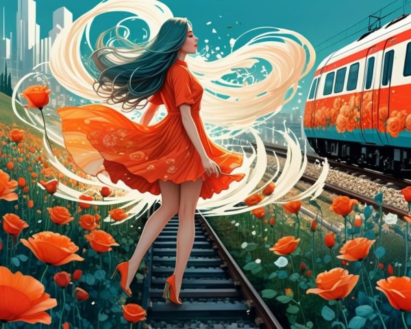 Woman in Orange Dress on Train Tracks with Poppies