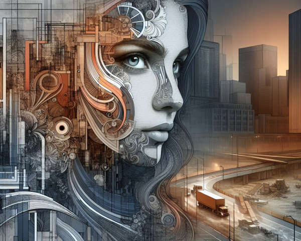 Woman's Face Merged with Mechanical Elements and Cityscape