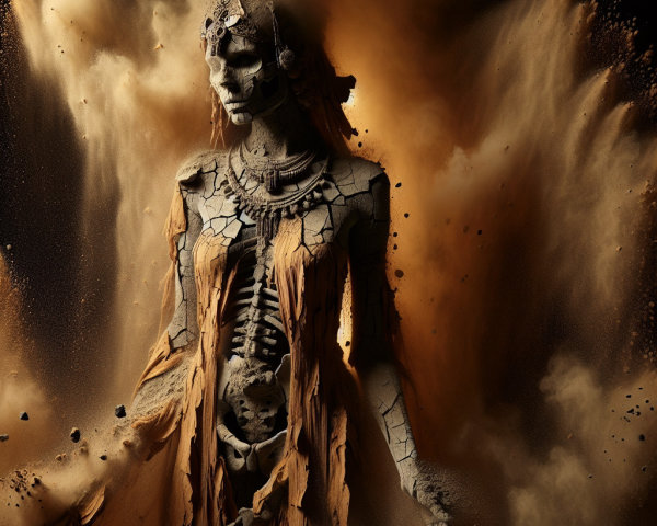 Surreal Skeleton Figure in Dusty Ethereal Setting