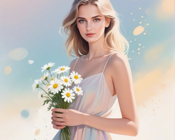 Young woman with daisies in a pastel background