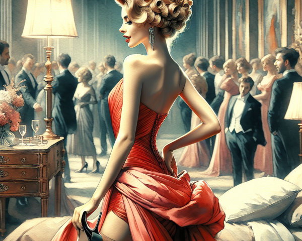 Elegant Woman in Red Gown at Luxurious Gathering