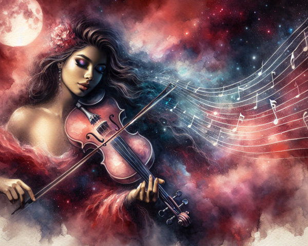 Woman Playing Violin Against Cosmic Colorful Backdrop