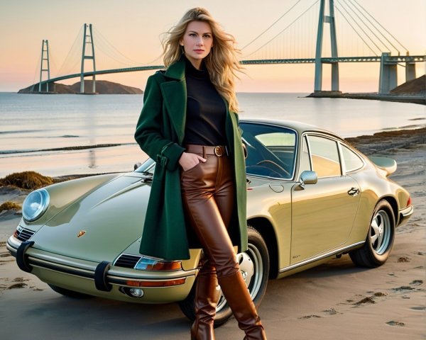 Stylish Woman with Vintage Porsche at Sunset Beach