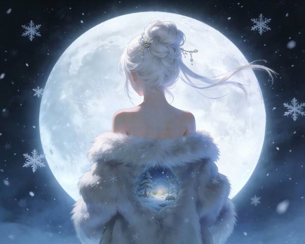 Anime Illustration of Woman in Fur Coat and Full Moon