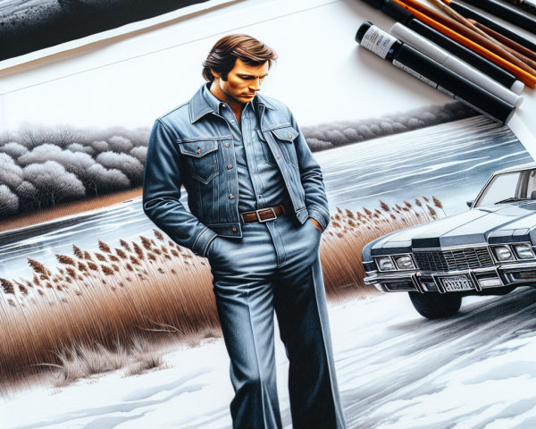 Stylish Figure in Denim by Serene Lakeside Scene