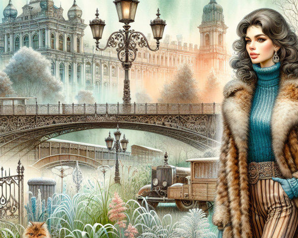 Fashionable Woman in Fur Coat at Winter Bridge Scene