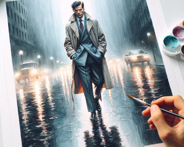 Man in gray suit walking in rainy city at night