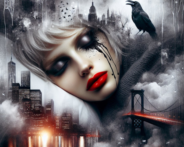 Surreal Portrait of a Woman in Dreamlike Cityscape
