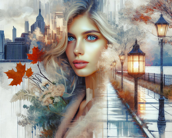 Surreal Portrait of Woman with Urban Landscape Background