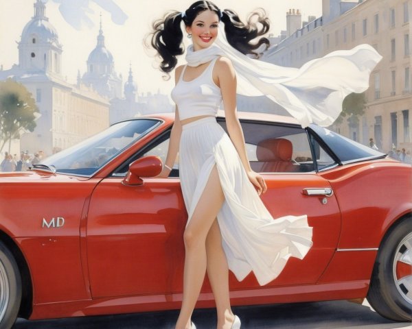 Stylish Woman in White Outfit by Red Convertible Car