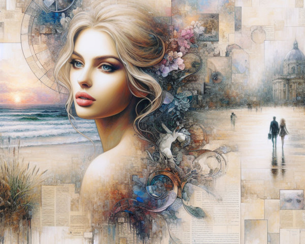 Serene Woman Surrounded by Pastel Colors and Beach Scene