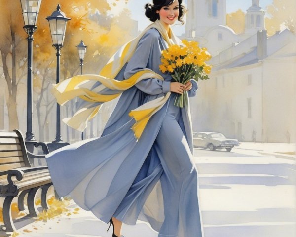 Joyful Woman in Light Blue Outfit on Sunny Street
