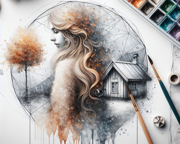 Serene Woman Profile with Nature and Abstract Elements