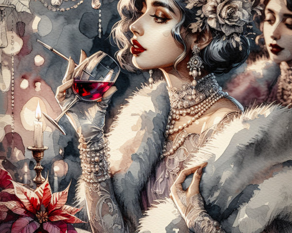 Glamorous Woman in Vintage Attire Enjoys Cocktail