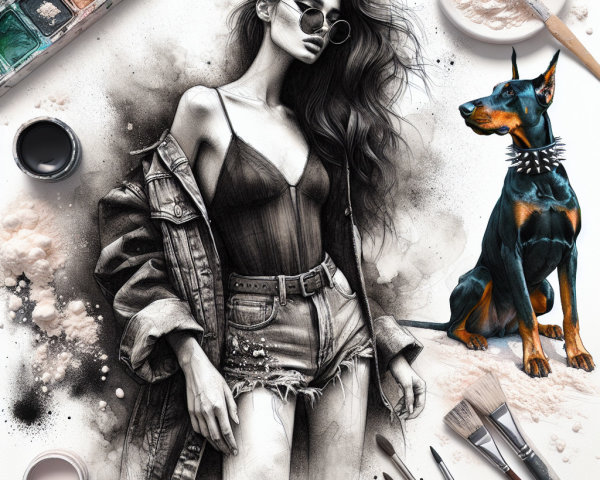 Monochromatic Illustration of Woman with Doberman