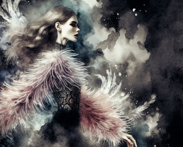 Ethereal Figure in Feathered Garment with Watercolor Background