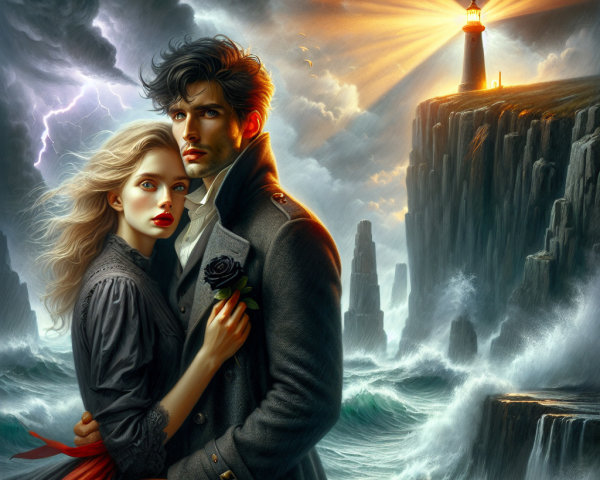 Couple Embraced by Stormy Seaside with Lighthouse