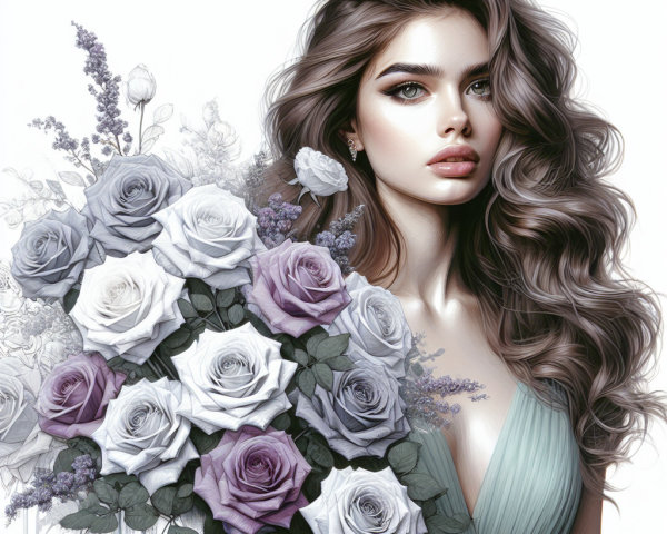 Young woman beside a bouquet of white and lavender roses