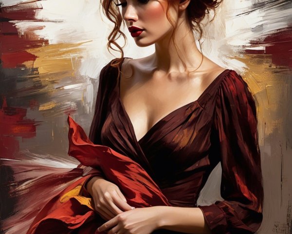 Elegant Woman in Burgundy Dress with Red Scarf