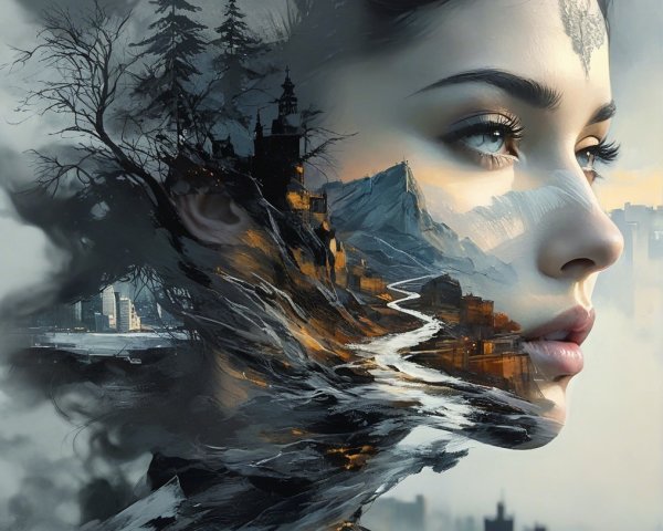 Surreal Double Exposure of Woman and Landscape
