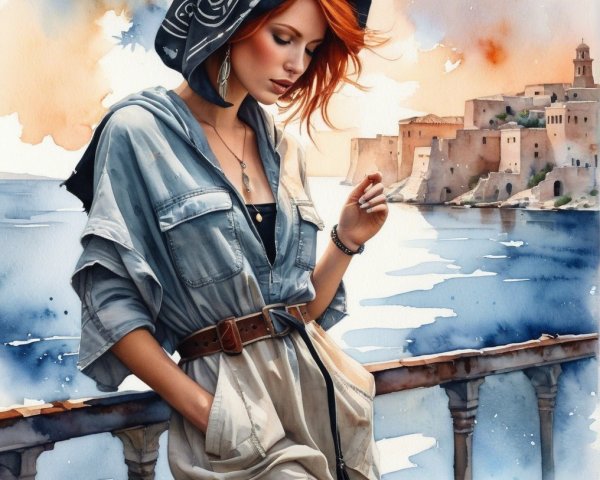 Young Woman on Balcony Overlooking Tranquil Sea