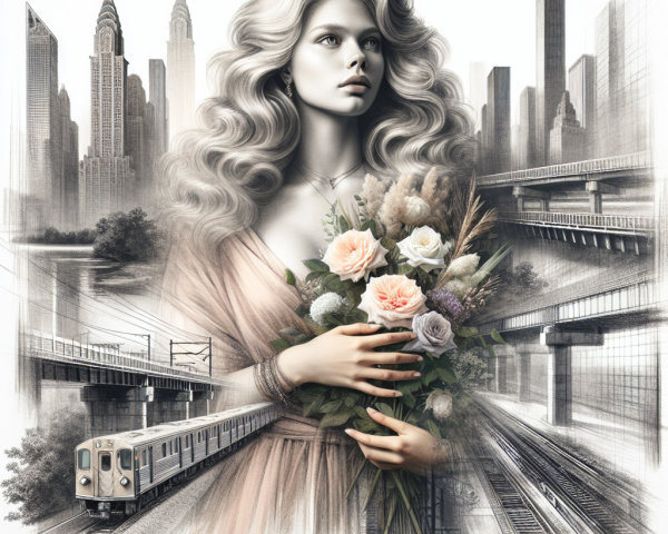 Serene Woman with Flowers and Urban Cityscape