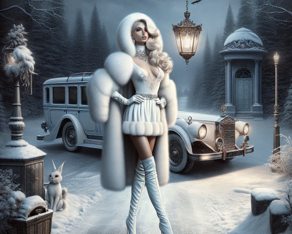 Glamorous Figure in Snowy Enchanted Landscape