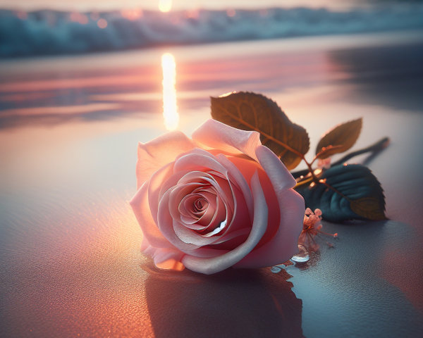 Pink Rose on Wet Sand at Sunset by the Ocean