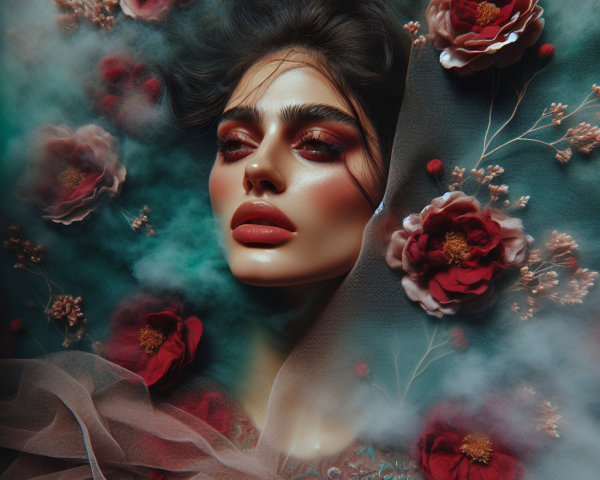 Portrait of a woman with dramatic makeup and flowers